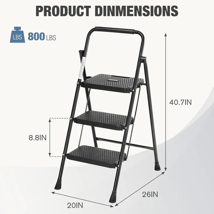 Folding three-step ladder stool with widened anti-slip steps, 800-pound weight capacity, sturdy and durable, portable with padded handle, lightweight and easy to use