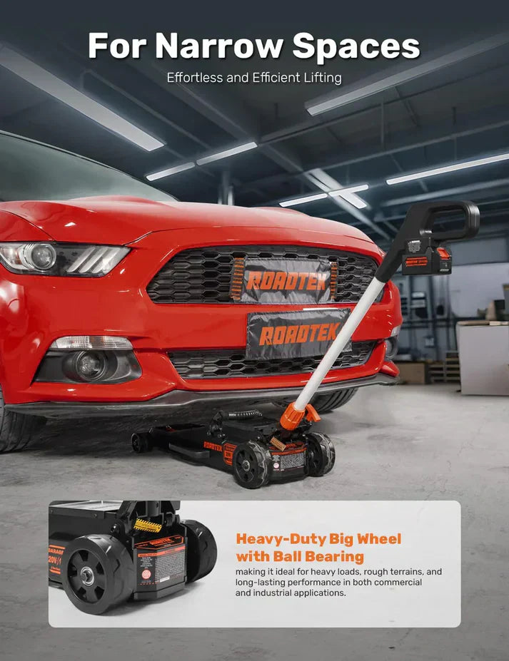 GMax 2-ton electric floor-standing jack, made of low-profile aluminum and steel, can quickly lift cars