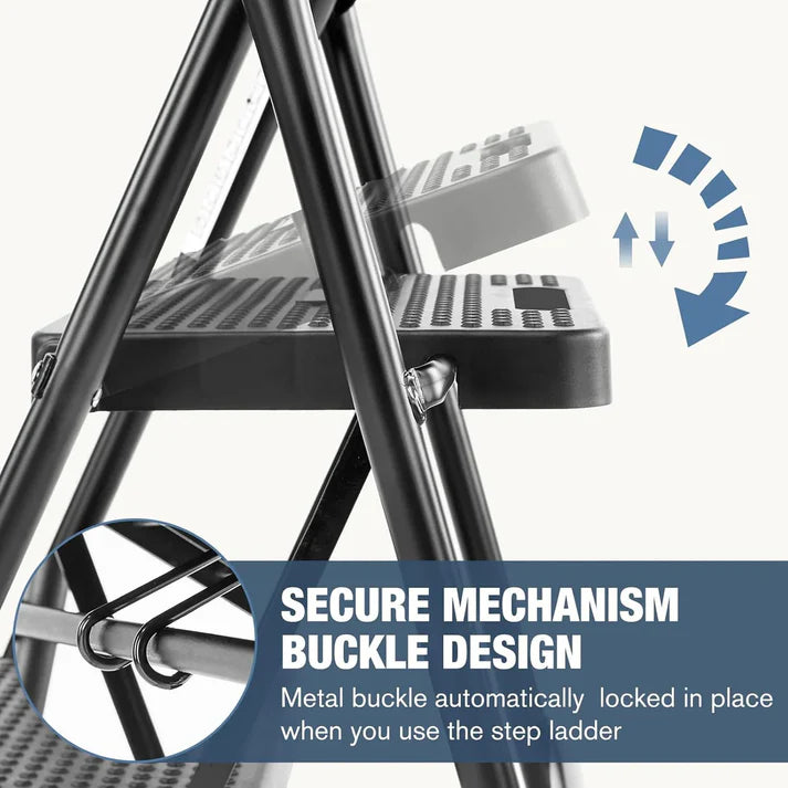 Folding three-step ladder stool with widened anti-slip steps, 800-pound weight capacity, sturdy and durable, portable with padded handle, lightweight and easy to use