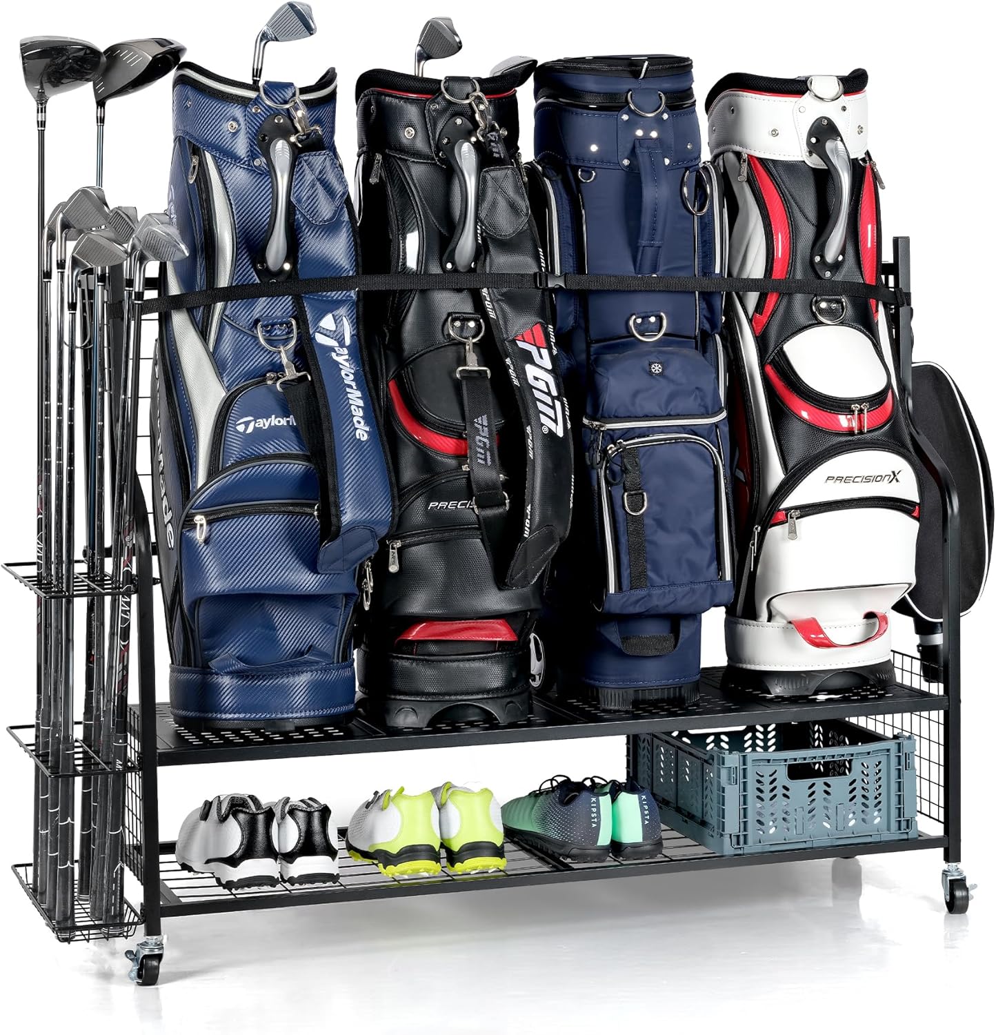 Steel golf bag storage rack and dedicated golf equipment storage rack