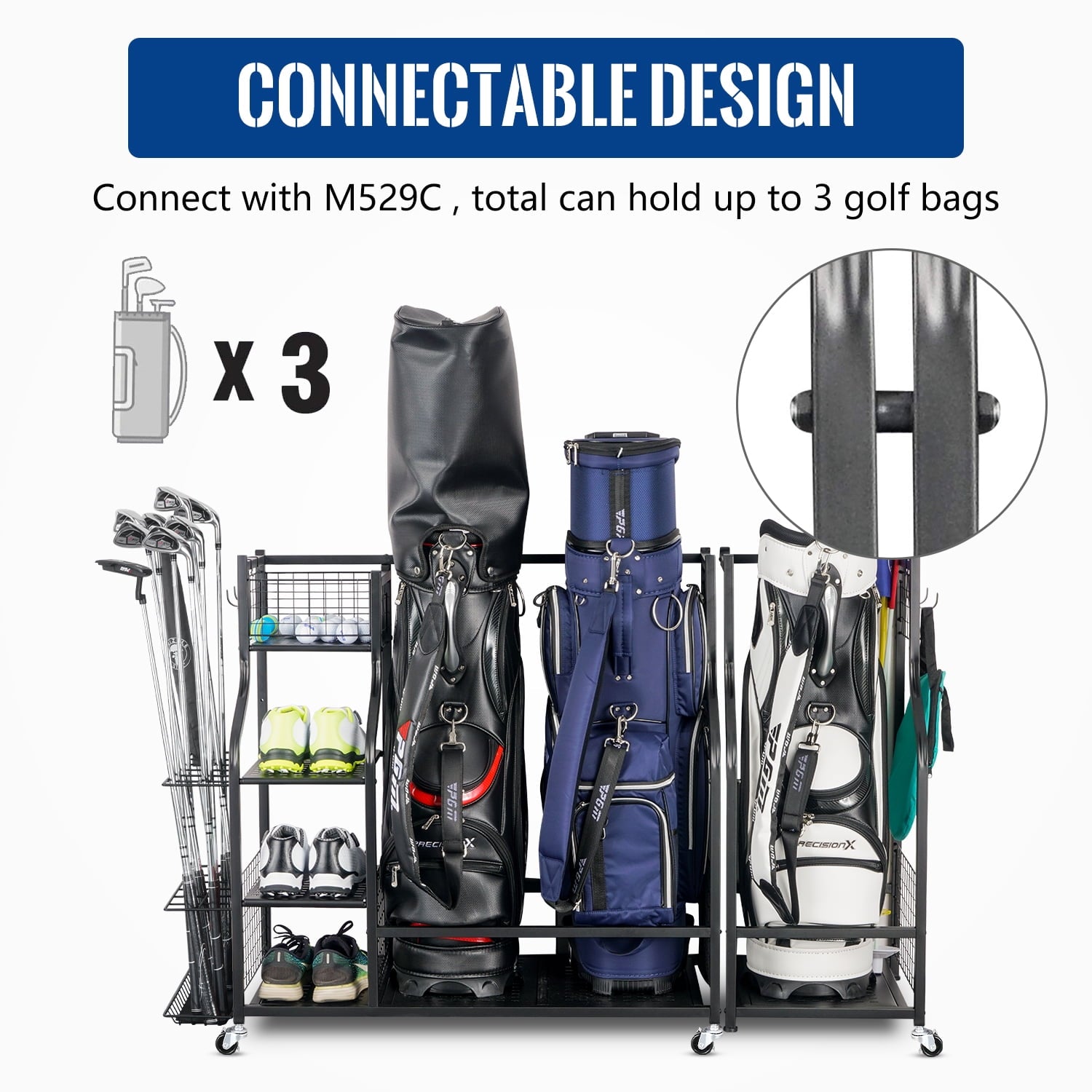 Steel golf bag storage rack and dedicated golf equipment storage rack