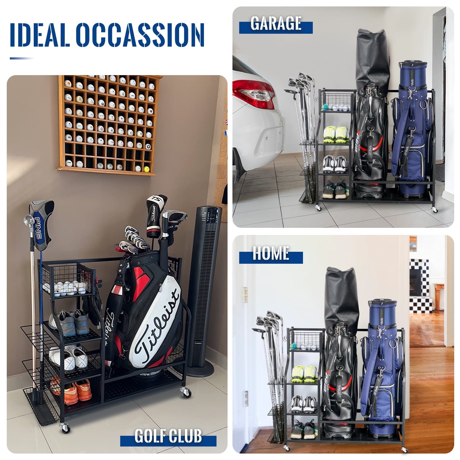 Steel golf bag storage rack and dedicated golf equipment storage rack